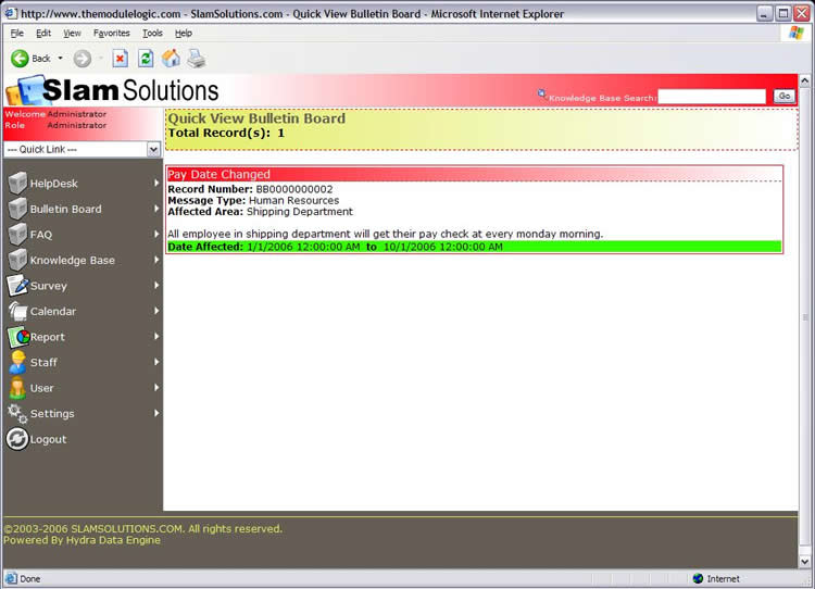 Help Desk Software - Screenshot of Bulletin Board Announcements