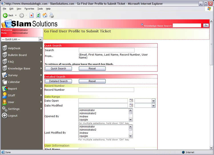 Help Desk Software - Screenshot of User Lookup