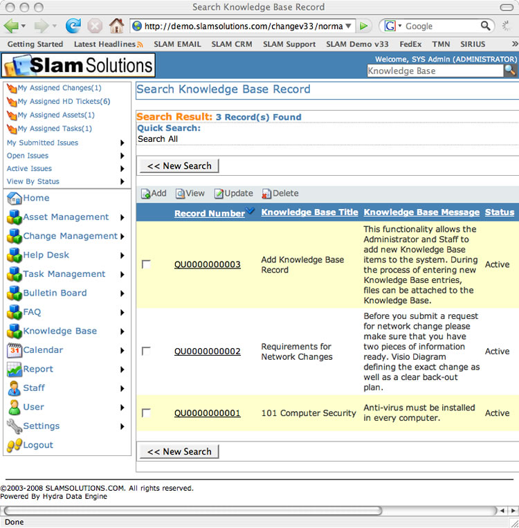 SLAM Change Managment Software - Knowledge Base