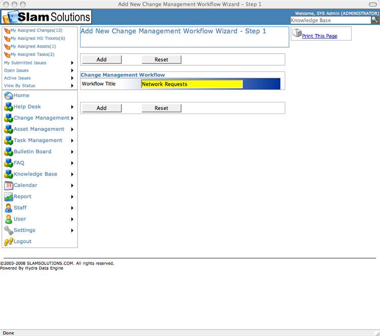 SLAM Change Managment Software - Create New Workflow Step One