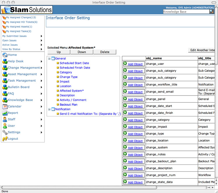 SLAM Change Managment Software - Arrange Fields - Settings Tool