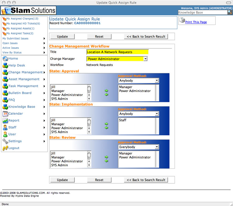 SLAM  Change Management Software - Auto Assign Screenshot